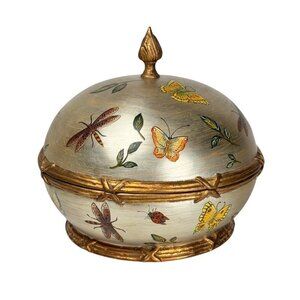 VTG Large Decorative Wooden Box Round Silver Floral Hand Painted Luxury Home